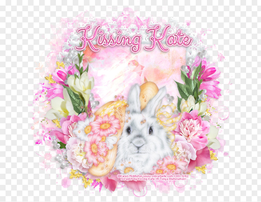 Kissing Bunnies Floral Design Flower Bouquet Easter Greeting & Note Cards PNG