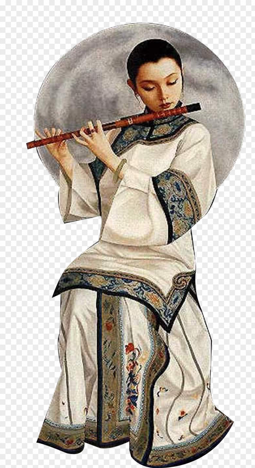 Flute Woman Tea Chinoiserie Poster Ink Wash Painting Web Template PNG