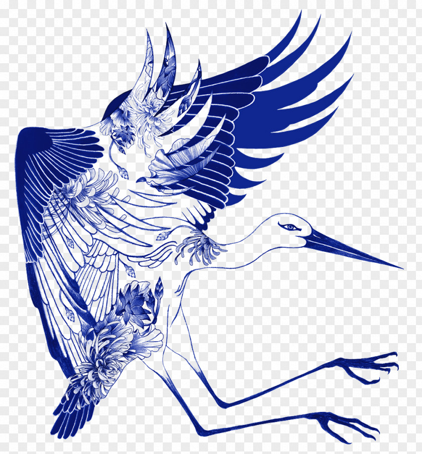 Blue And White Flying Crane Pottery Clip Art PNG