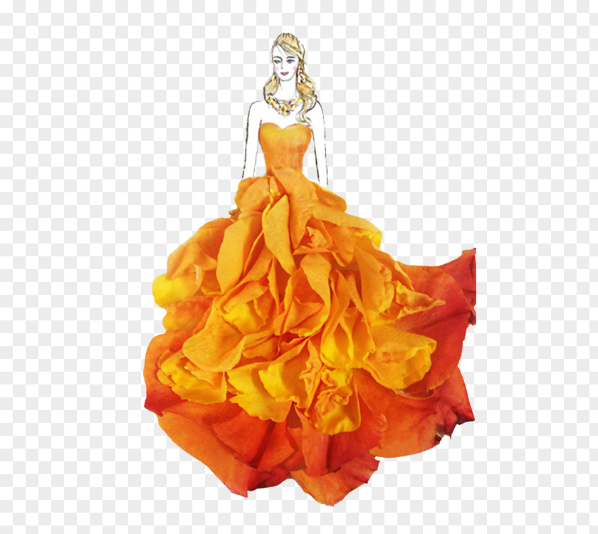 Orange Petal Dress Design Fashion Flower Drawing Illustration PNG