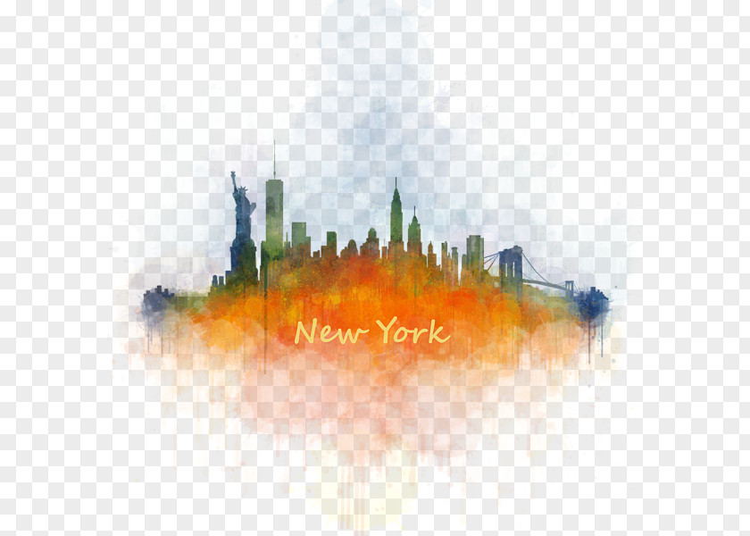 New York City Skyline Watercolor Painting Cityscape PNG