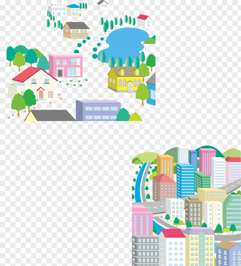 Cartoon City Buildings And Countryside Cottage Rural Area Illustration PNG