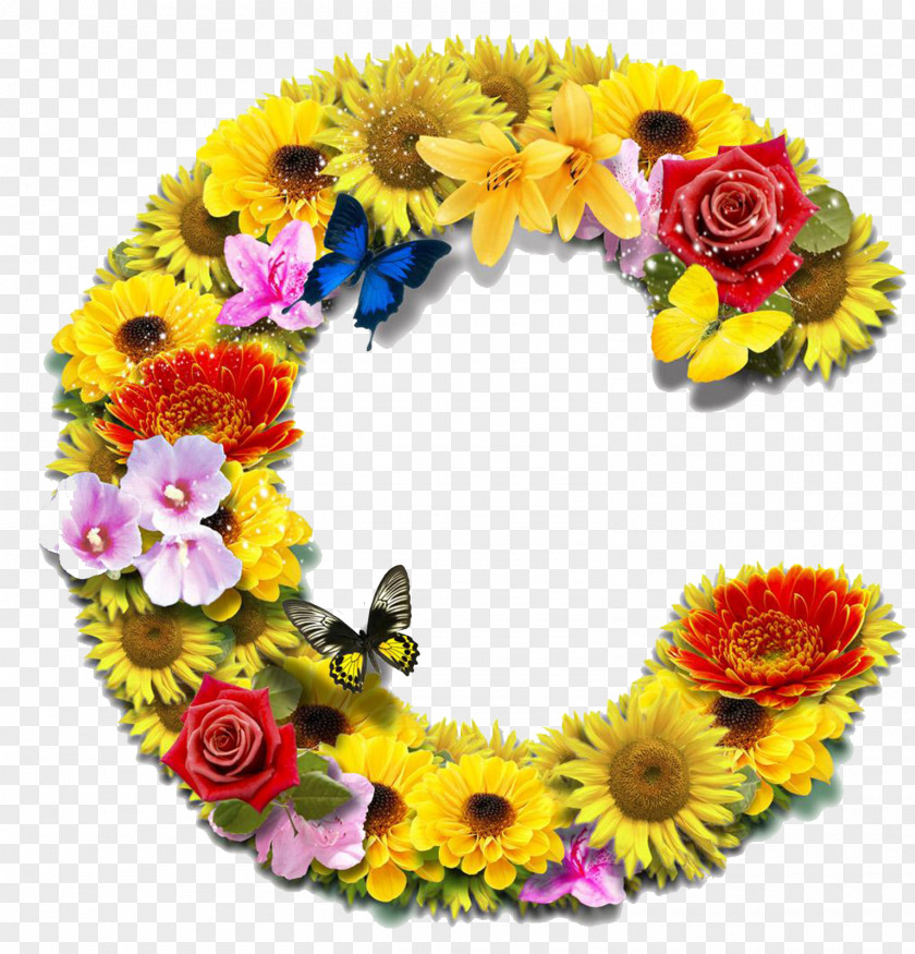 C Floral Design Cut Flowers Butterfly Letter PNG