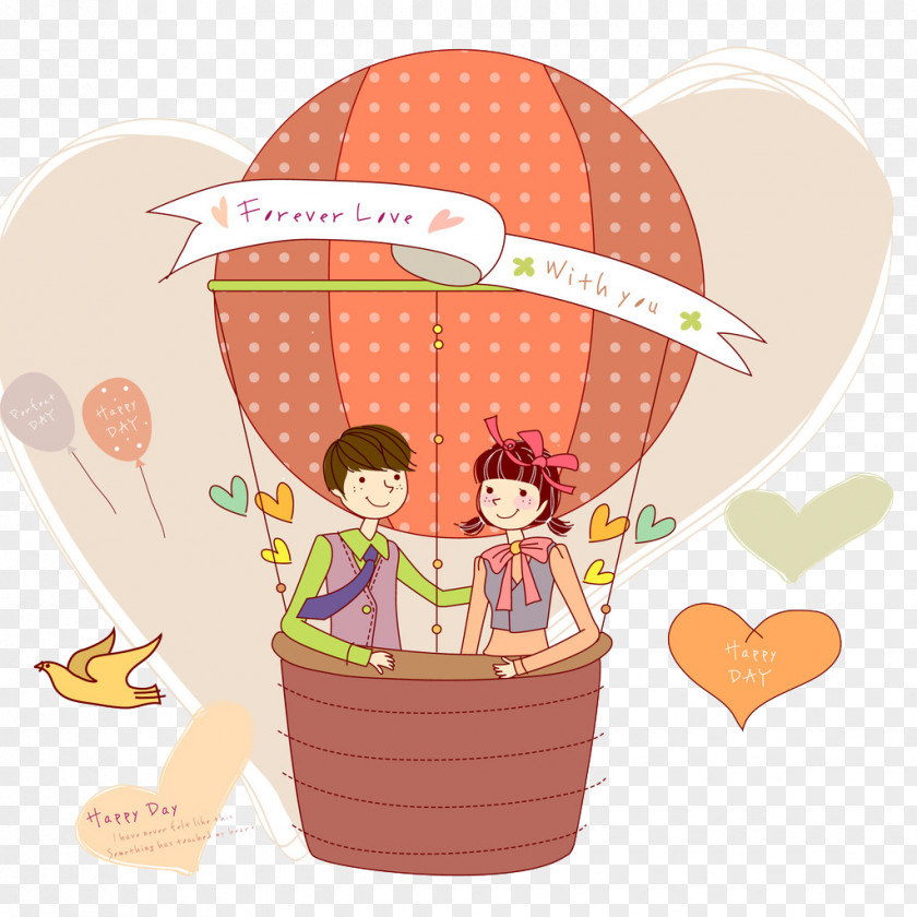 Cartoon Hot Air Balloon Couple Drawing PNG