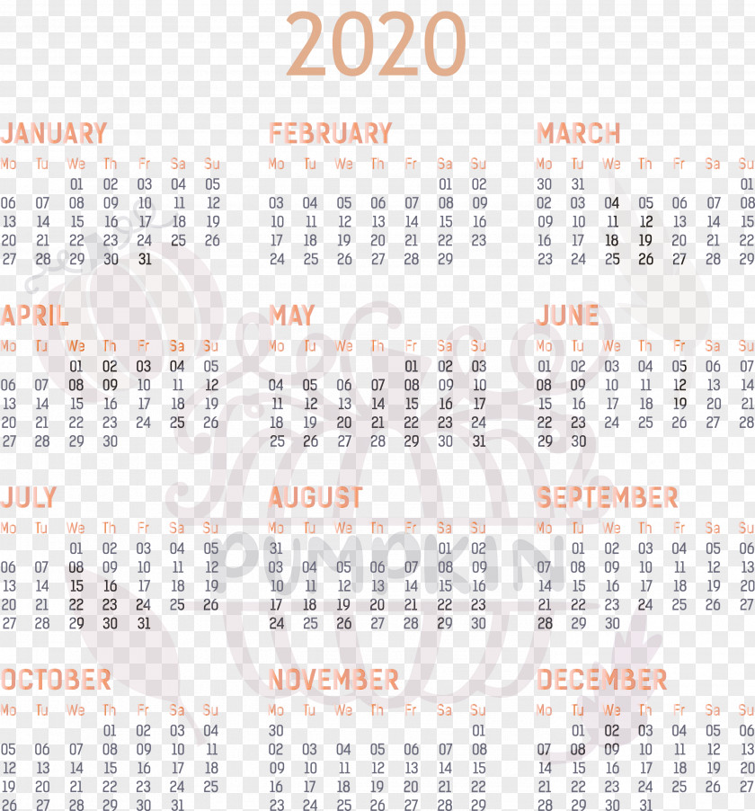 2020 Yearly Calendar Printable Template Full Year PNG