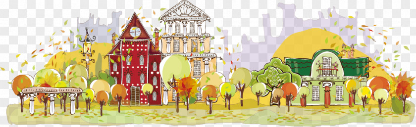 Autumn Town Cartoon Illustration PNG