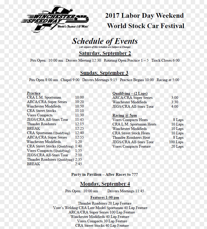 Labor Day Flyer Winchester, Virginia Document Winchester Speedway White Line PNG