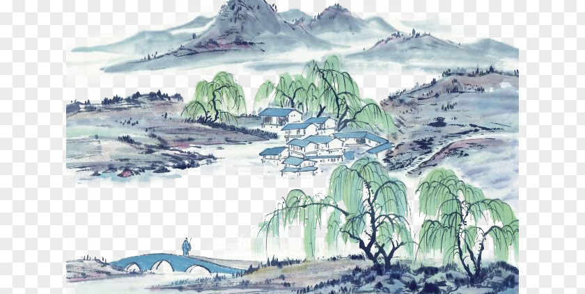 Ink And Shade Willow Castle U56fdu753bu5c71u6c34 Chinese Painting Shan Shui Wash PNG