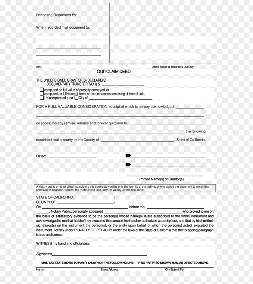 Deed Quitclaim California Document Grant PNG
