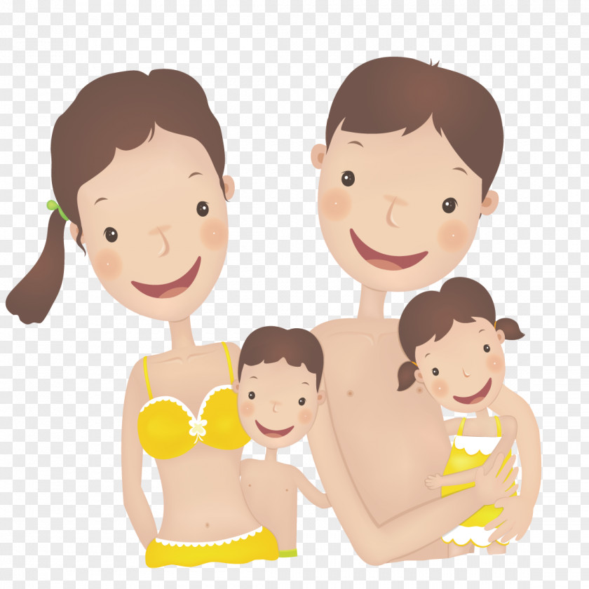 Holding Parents With Children Swimming Cartoon Illustration PNG