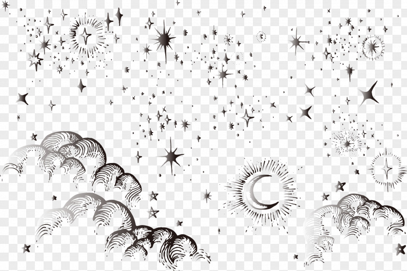 Hand-painted Moon And Stars Clouds Graphic Design Drawing PNG