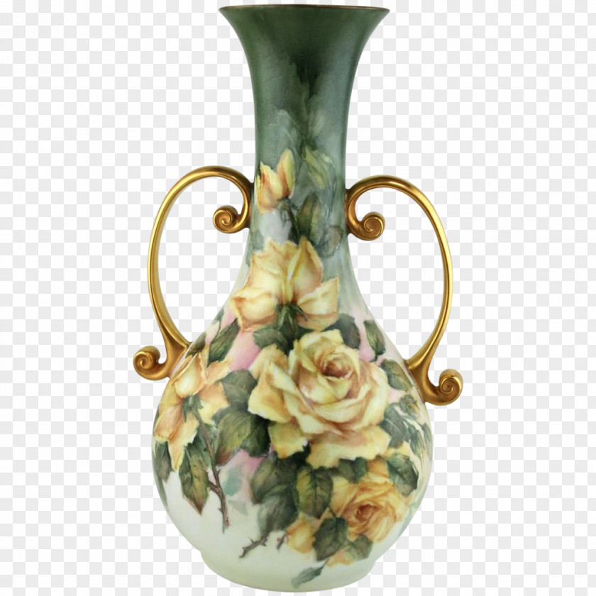 Hand Painted Limoges Still Life: Vase With Pink Roses Porcelain China Painting PNG