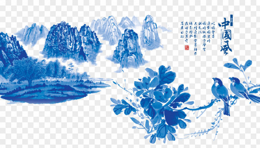 Mountain Blue And White Pottery Download Chinoiserie Graphic Design PNG