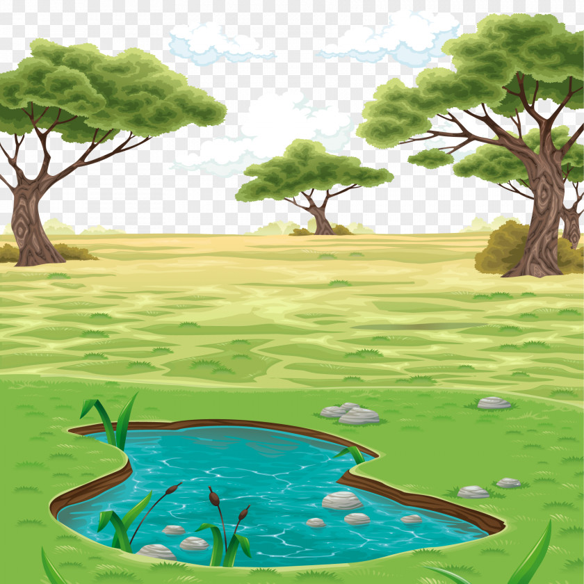 Vector Colored Pond Landscape Background Drawing Clip Art PNG