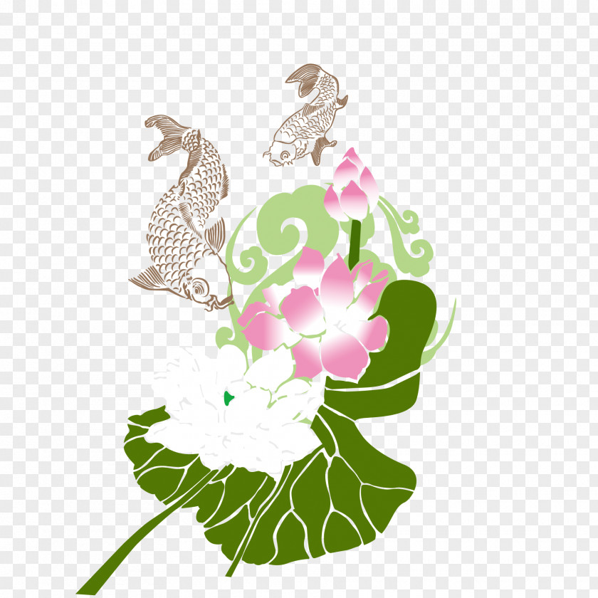 Vector Lotus And Fish Koi Green Poster Illustration PNG