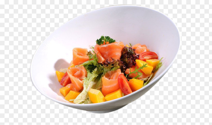 Mango Salmon Salad On The Plate Vegetarian Cuisine European Smoked Food PNG