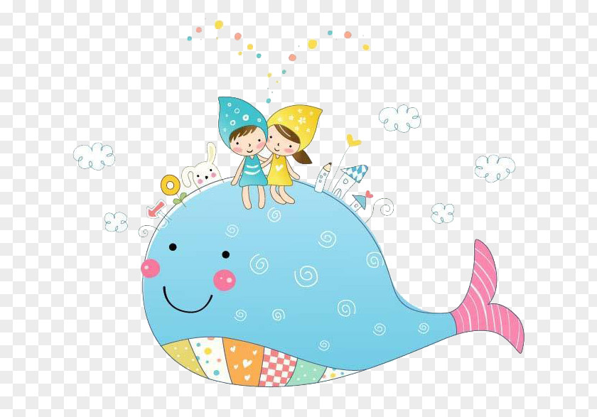 Cartoon Blue Whale Hello Kitty Child Painting Illustration PNG