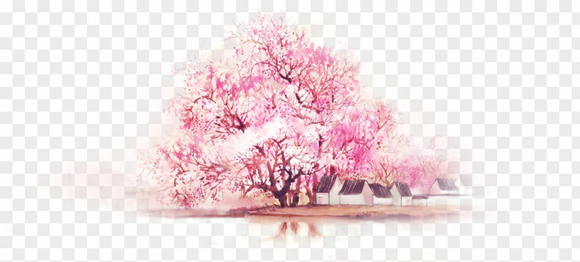 Hand Painted Watercolor Pink Peach Tree Chinoiserie Painting Wallpaper PNG