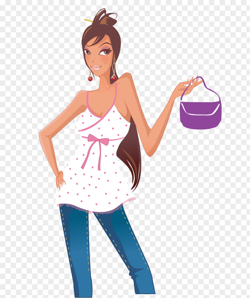 T-shirt Woman Girl PNG Girl, Dress bag girl with long hair clipart PNG