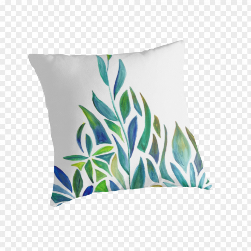 Watercolor Green Leaves Throw Pillows Cushion Blue-green PNG