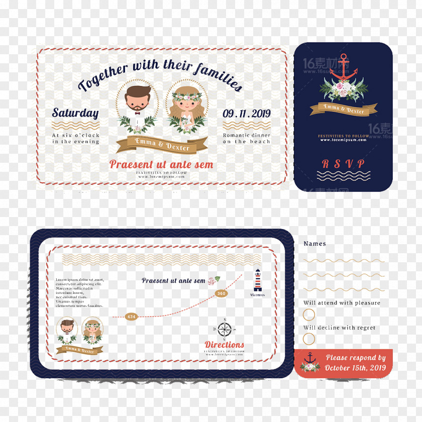 Exquisite Cartoon Wedding Invitation Design Ticket RSVP PNG