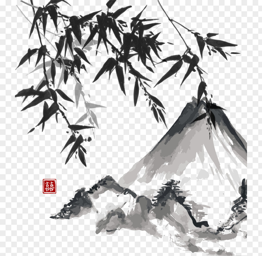 Vector Chinese Painting Style Bamboo Material Japanese Ink Wash Art PNG