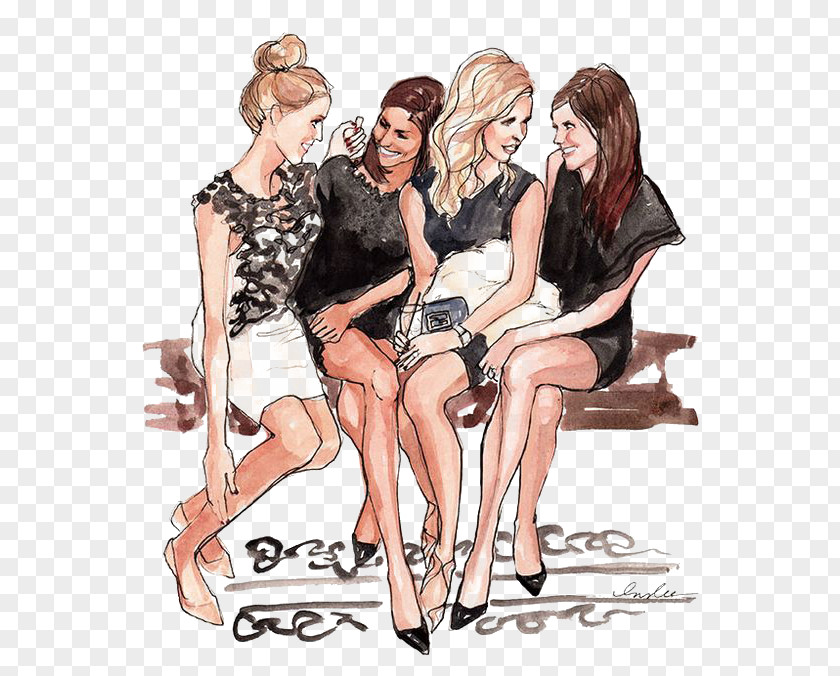 Friendship Drawing Fashion Illustration Best Friends Forever PNG illustration friends forever Illustration, Girl, four woman sitting on bench clipart PNG