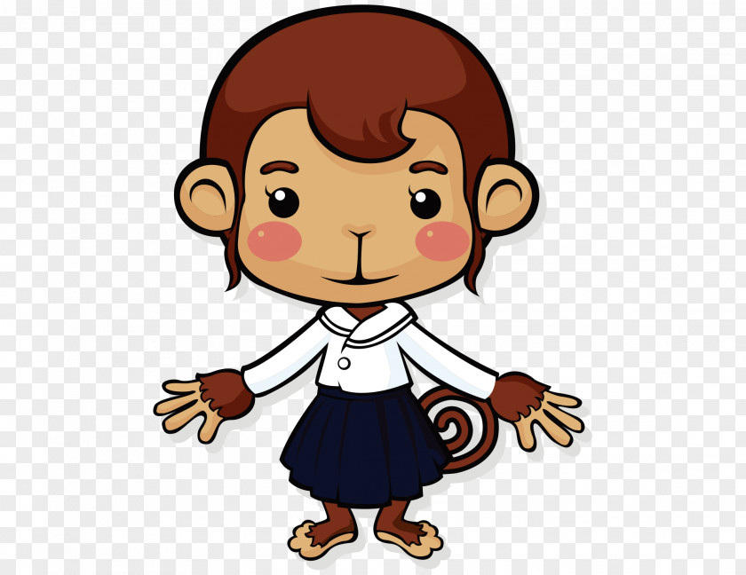 Vector Cartoon Hand Painted Cute Monkey Wearing Skirt T-shirt PNG