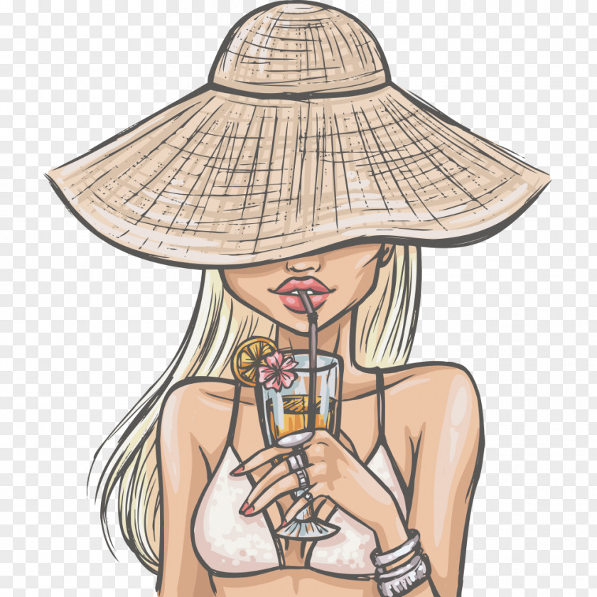 Cocktail Drink Cartoon Illustration PNG Illustration, bikini beauty, woman in brown sun hat illustration clipart PNG