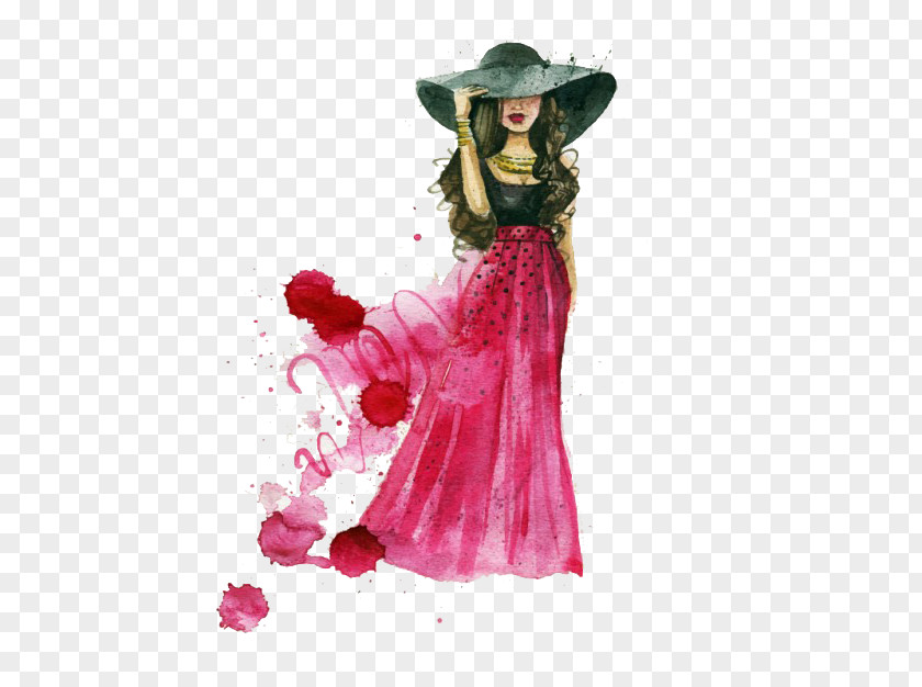 Red Painted Woman Fashion Design Watercolor Painting PNG