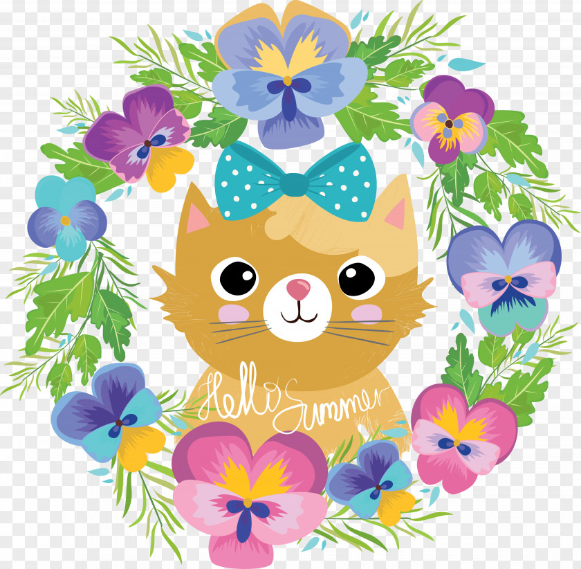 Cartoon Cat With Garland Flower Clip Art PNG