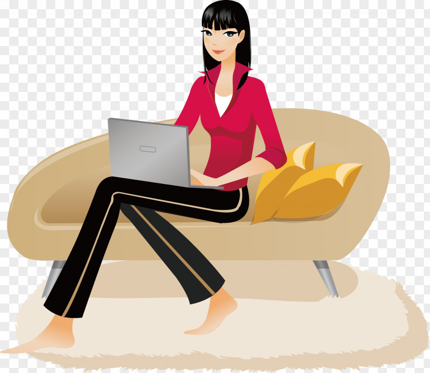 Office Sofa Beautiful Red Vector Laptop Woman Clip Art PNG