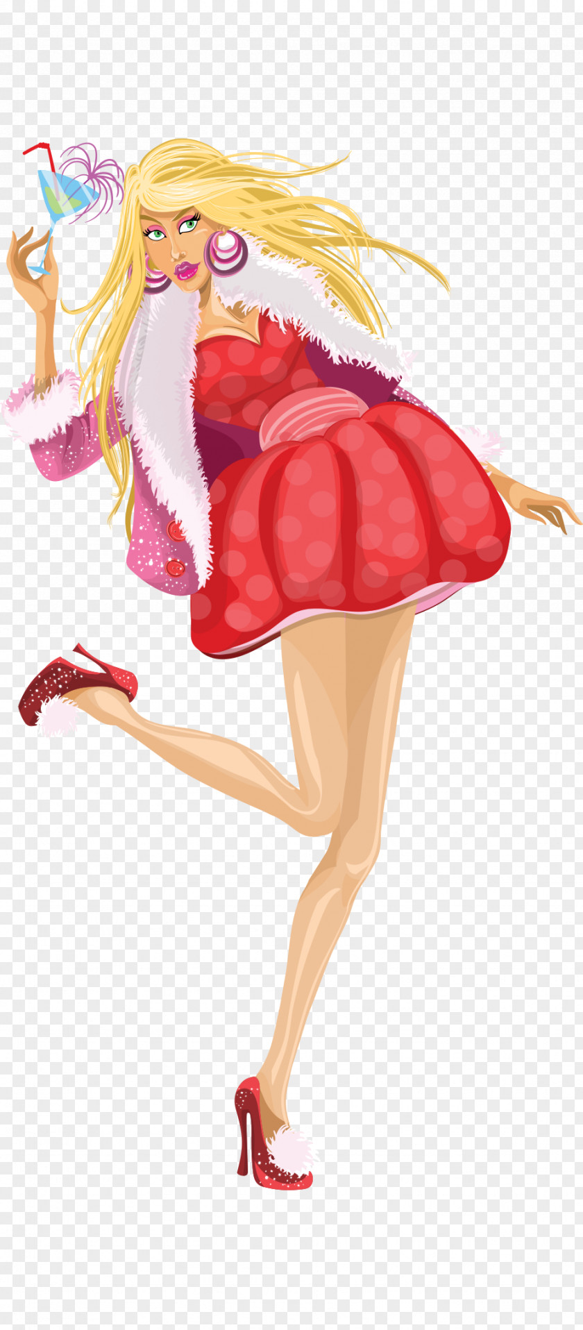 Hand Drawn Cartoon Blonde Beauty Red Cocktail Dress Illustration PNG