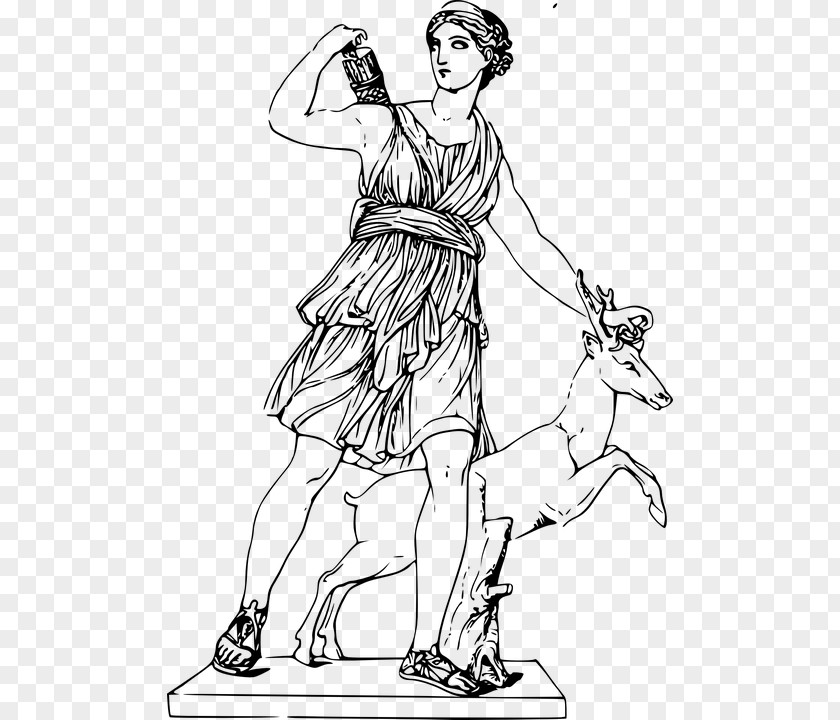Goddess Artemis And The Stag Greek Mythology Drawing PNG