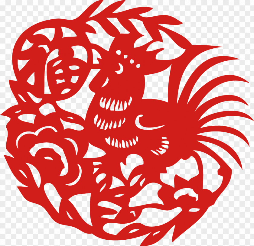 Chinese New Year Paper-cut Window Grilles Zodiac Send Blessing In Chicken Paper PNG