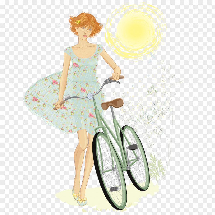 Cycling On Bicycle Drawing Illustration PNG Illustration, Great elegant short hair girl material clipart PNG