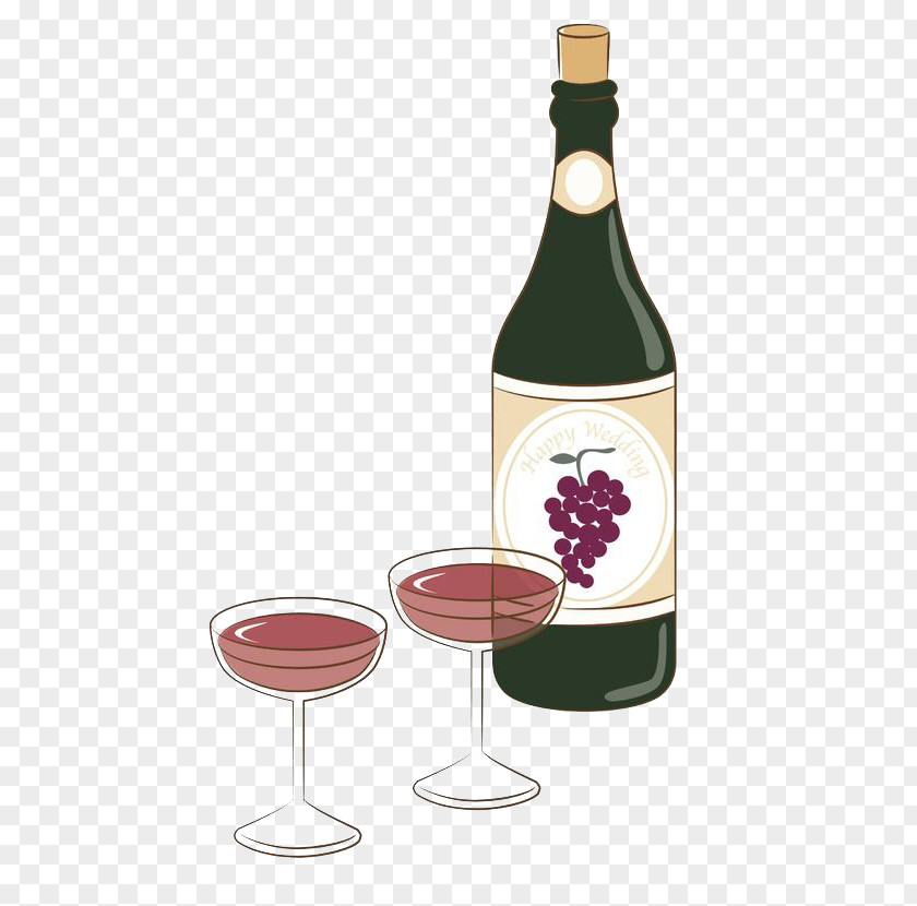 Simple Hand-painted Wine Glasses With Red Bottle Alcoholic Beverage PNG