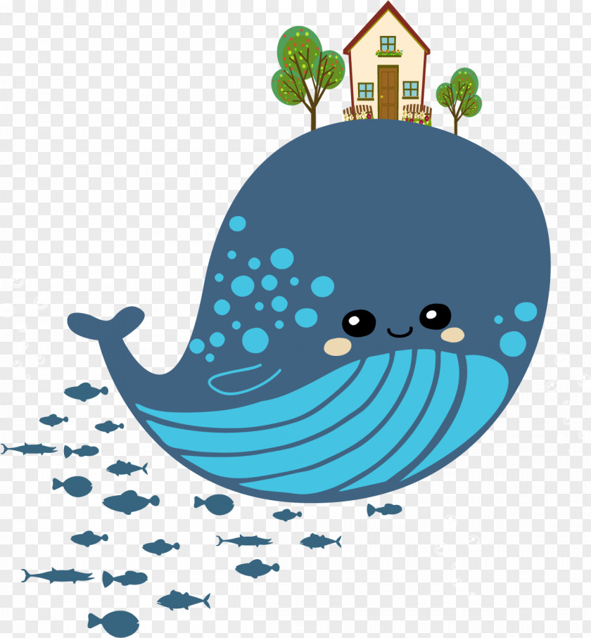 Blue Whale On The Hut Cartoon Drawing PNG