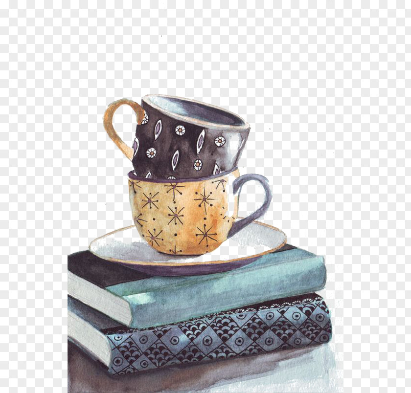 Coffee Tea Watercolor Painting Drawing PNG painting Drawing, Mug, of two brown and beige mugs stacked on books clipart PNG