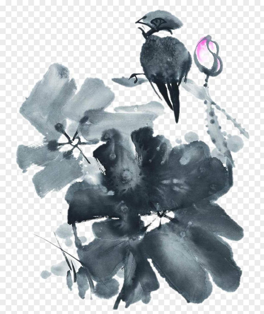 Ink Lotus Bird Wash Painting Chinese PNG
