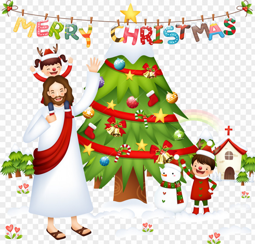 Christmas Tree With Jesus Santa Claus Nativity Scene And Holiday Season PNG
