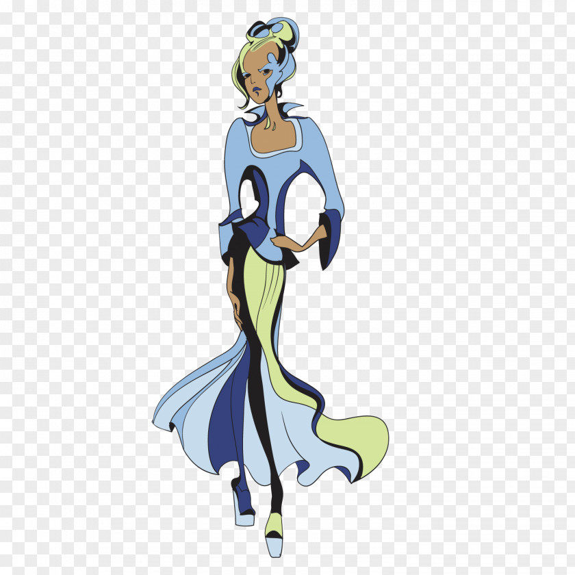 Fashion Medieval Blue Woman Model Illustration PNG