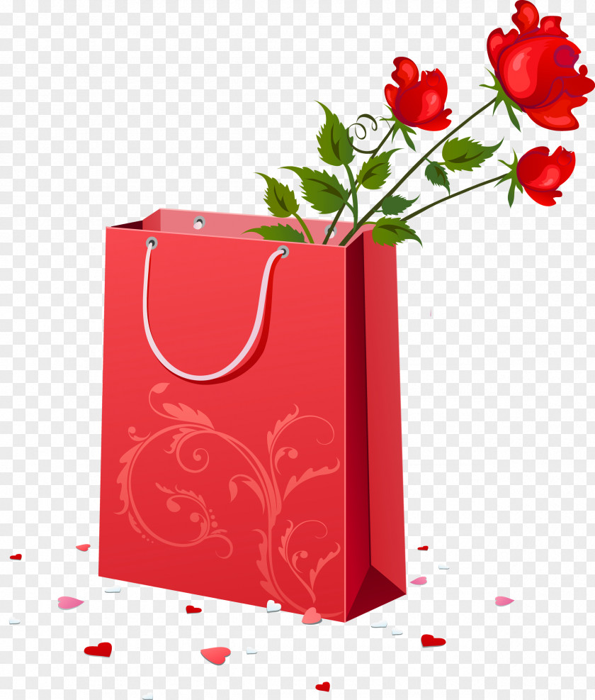 Red Gift Bag With Roses Clipart Wedding Anniversary Wish Happiness PNG