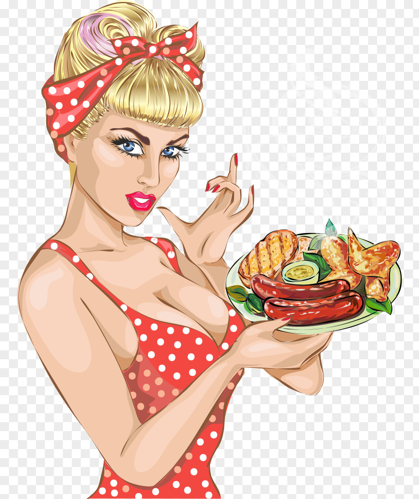 Hot Dog Fast Food Pin-up Girl Illustration PNG dog food girl Illustration, Holding hot Flirty, woman wearing red and white polka-dot spaghetti top dress holding dish illustration clipart PNG