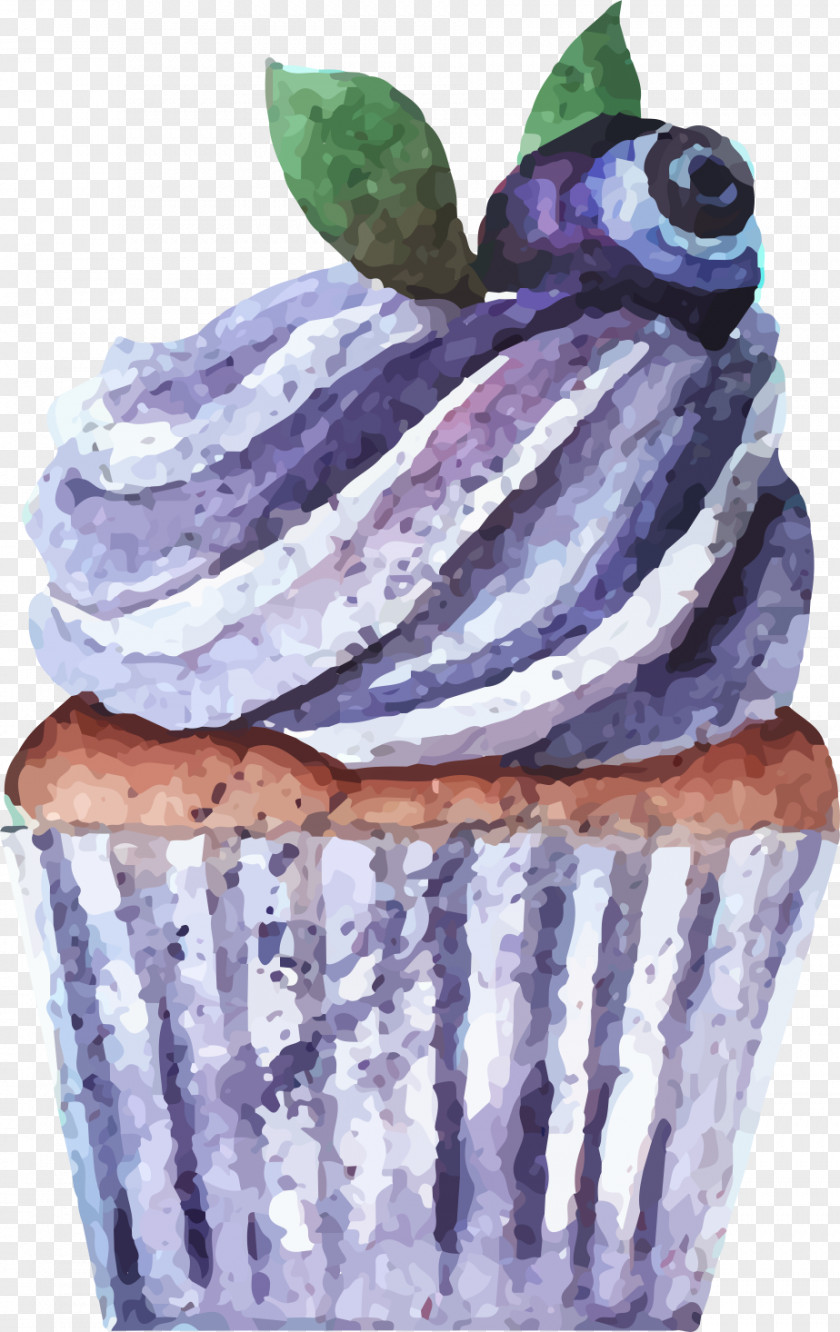 Blueberry Ice Cream Cupcake Watercolor Painting PNG