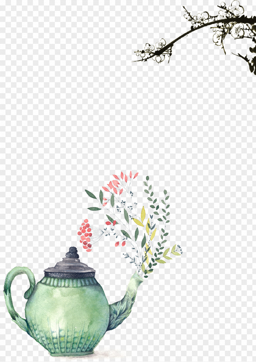 Floral Border Teapot Watercolor Painting Printmaking Illustration PNG