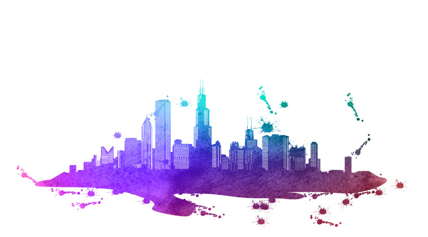 Watercolor Sky Chicago Seattle Skyline Silhouette PNG