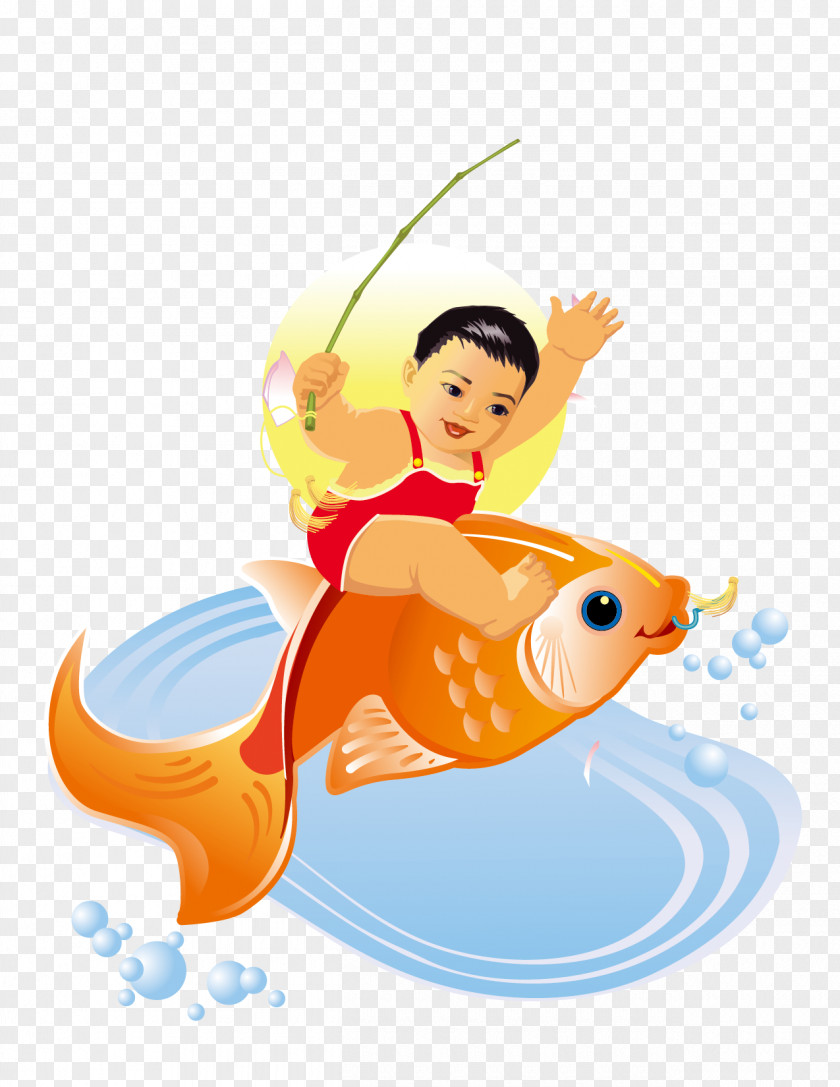 Vector Fish Cartoon Boy Riding Koi Carassius Auratus PNG