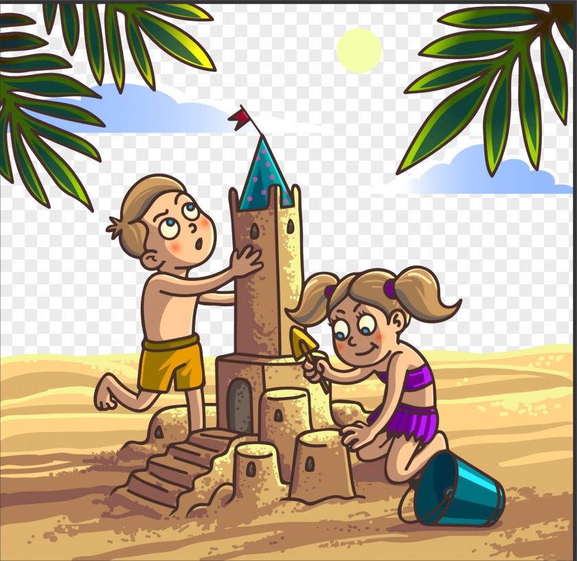 Children Playing Beach Vector Material Sand Art And Play Cartoon Clip PNG