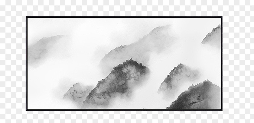 Landscape Painting With Clouds And Mist Black White Ink PNG